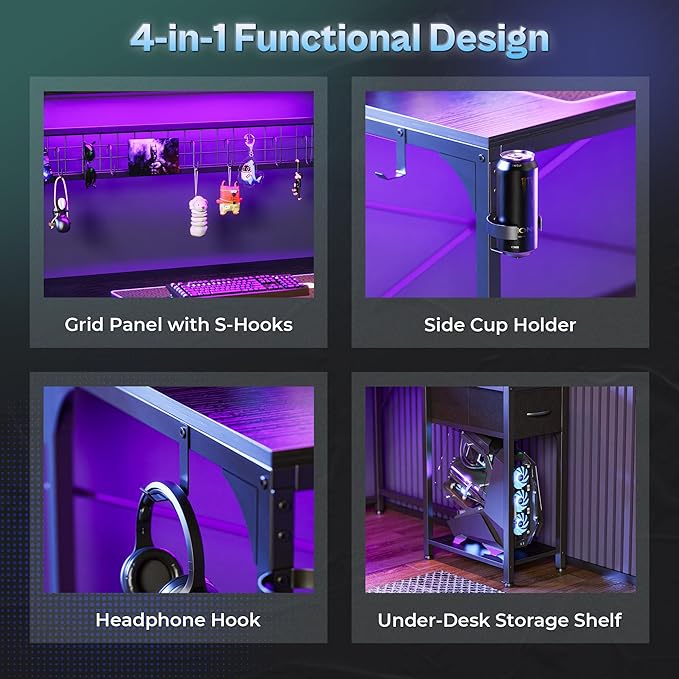 PRAISUN L Shaped Gaming Desk with Shelves, Corner Computer Table with LED Lights, Power Outlets and USB-C Ports, 50 Inch Reversible Home Office Desk with Storage Drawer, for Work and Study, Black