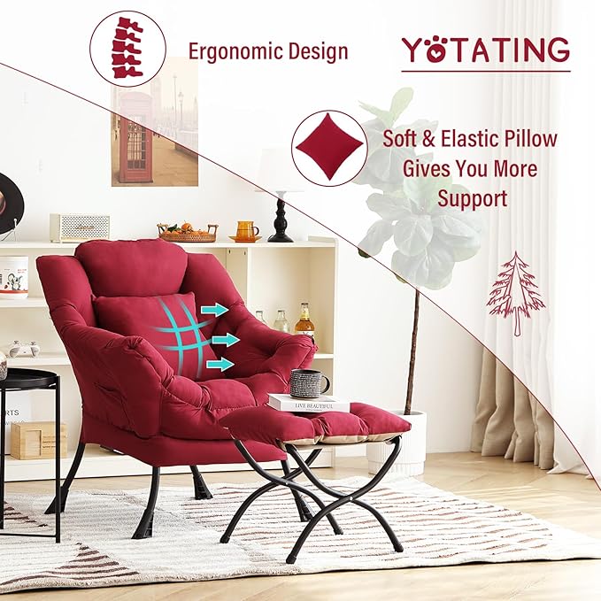 Lazy Chair with Ottoman, Comfy Reading Lounge Chair with Footstool & Throw Pillow Modern with Armrests & Side Pocket for Living Room, Bedroom, Dorm Room, Burgundy