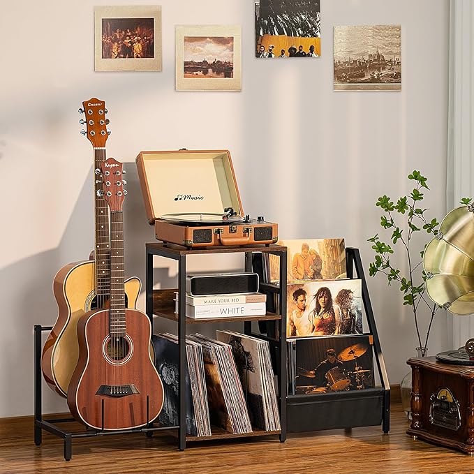 LELELINKY Record Player Stand, Adjustable Guitar Stand for Acoustic Guitar, Electric Guitar, Bass, Turntable Stand with Vinyl Display Shelf Storage Up to 150 Albums,Brown End Table for Music Room