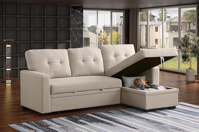 Ball & Cast Sleeper Sofa Couch with Pull Out Bed,L Shaped Sleeper Sofa with Storage,Sectional Sleeper Couch,Convertible Sleeper Sectional Sofa W/Reversible Chaise & Back Cushion,for Living Room,Office
