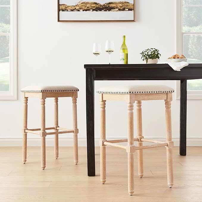 Roundhill Furniture Arnhem Wood Upholstered Swivel Bar Stools, Set of 2, Tan