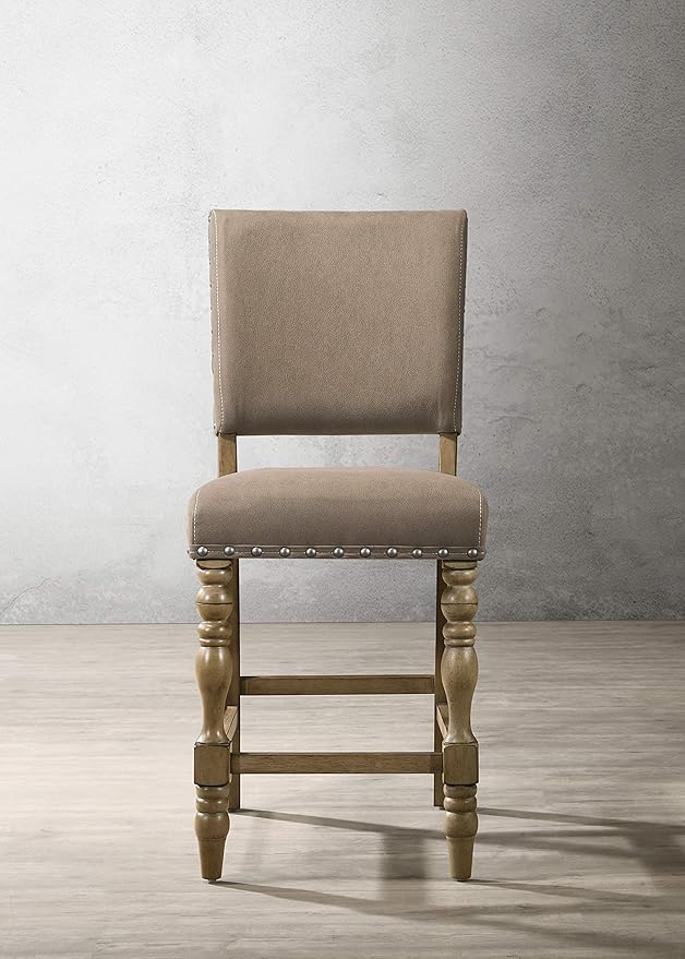Roundhill Furniture Birmingham Script Printed Driftwood Finish Counter Height Dining Chair with Nail Head, Set of 2