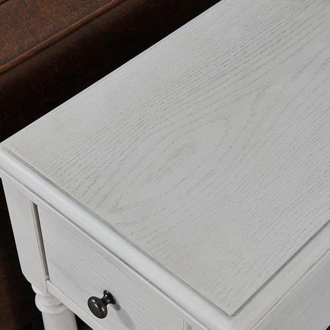 Narrow End Table with Drawer and Open Storage Shelf, Solid Wood Sofa Side Table for Living Room, Beside Table,Telephone Table for Small Spaces,No-Tools Assembly Vintage White BBJ004RW