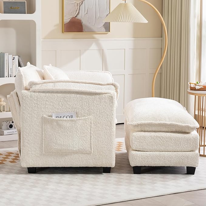 Furniliving Oversized Accent Chairs with Ottoman, Luxury Boucle Single Sofa, Upholstered Deep Seat Chaise Lounge with Pillows for Living Room, Bedroom, Apartment, Beige