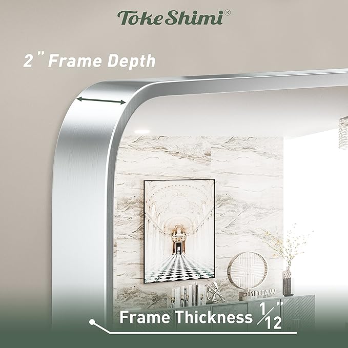 TokeShimi 60 x 36 Inch Brushed Silver Bathroom Mirror for Wall Brushed Brass Metal Rounded Corner Rectangle Mirror Metal Frame Deep Set Design Hangs Horizontal Or Vertical