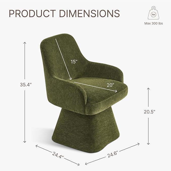 Swivel Dining Chair Set of 1, Mid Century Modern Chair Fabric Upholstered Armchair with Armrest & Ergonomic Backrest for Dining Room, Kitchen, Bedroom, Living Room, Green