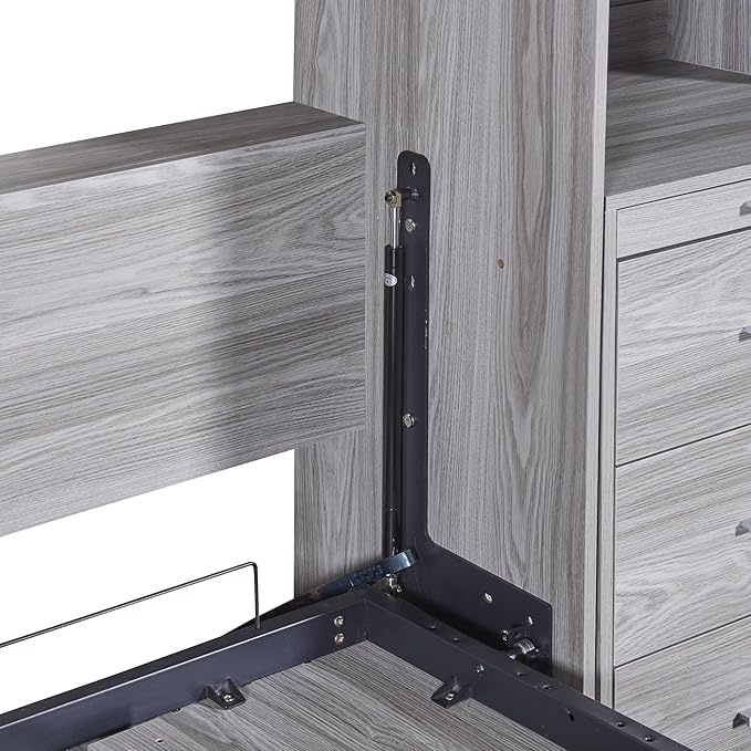 Full Size Murphy Bed with Storage Shelves and Drawers,Easy Fold Wood Wall Bed, Space-Saving Murphy Bed Cabinet for Guest Room Home Office,Gray