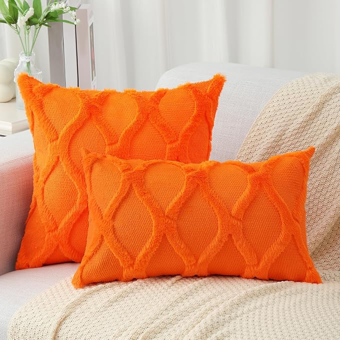 decorUhome Fall Throw Pillow Covers 22x22 Inch Set of 2, Soft Plush Faux Fur Wool Orange Couch Pillow Covers, Decorative Neutral Pillow Cases for Bed Sofa Living Room Home Decor