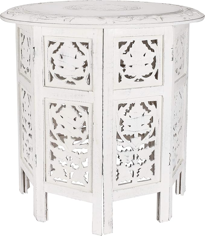 The Wooden Town Handcrafted White Wood End Table - Antique Finish, Small Accent Table 18"x18" for Living Room, Bedroom, Sofa Side or Nightstand Use