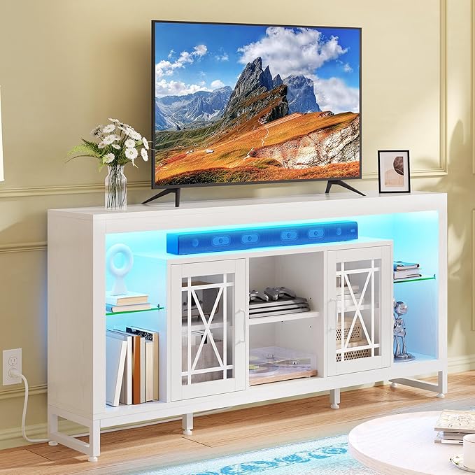 YITAHOME 33.5'' Tall TV Stand for 75 inch TV, LED Entertainment Center with Storage, Black TV Stands for Living Room with Acrylic Doors & Power Outlets, Tall TV Console Cabinet, White