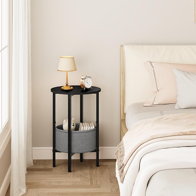 Vagusicc Round Side Table End Table with Storage Basket, Small Side Table Round Nightstand for Small Spaces, Tall Oval End Table with Steel Frame, Coffee Bedside Table for Living Room Bedroom, Black