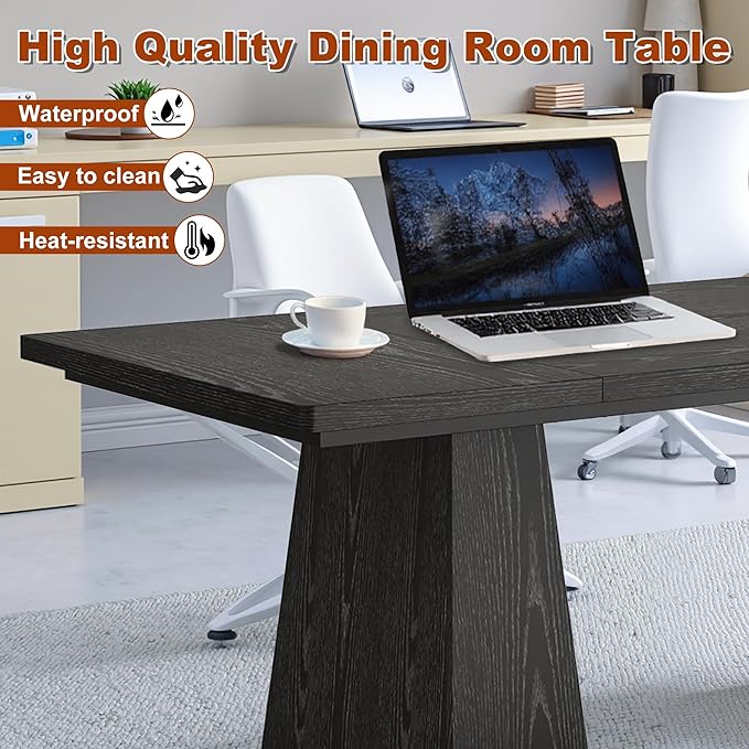 63 Inch Dining Table for 4-6, Modern Kitchen Dinner Table with Double Robust Pedestal, Wood Rectangular Eating Tables for Living Room, Dining Room, Dark Black