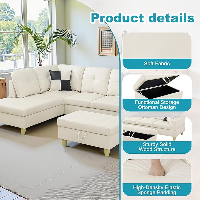 L Shaped Couch Faux Leather Sectional Couch Upholstered 3 Pieces Sofas for Living Room with Chaise, Storage Ottoman for Office and Small Apartment, White