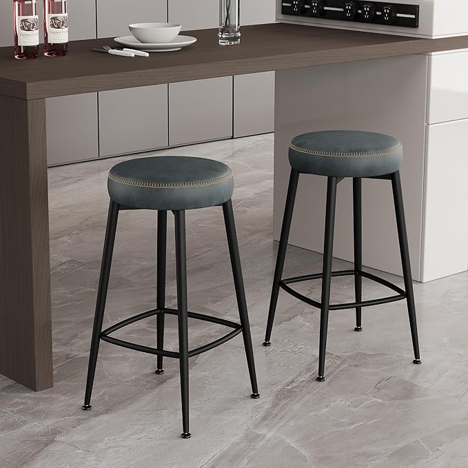 Counter Height Bar Stools, 26" H Backless Bar Stools Set of 4, Upholstered Faux Leather Kitchen Counter Stools, Mid Century Modern, Kitchen Island Home Bar, Pub, Black Blue