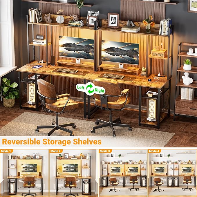 Cyclysio Gaming Desk with Hutch, 39'' Computer Desk with LED Lights & Power Outlets, Home Office Desk with Reversible 5 Tiers Storage Shelves & Monitor Stand, Small Gaming Table for Small Space,Rustic
