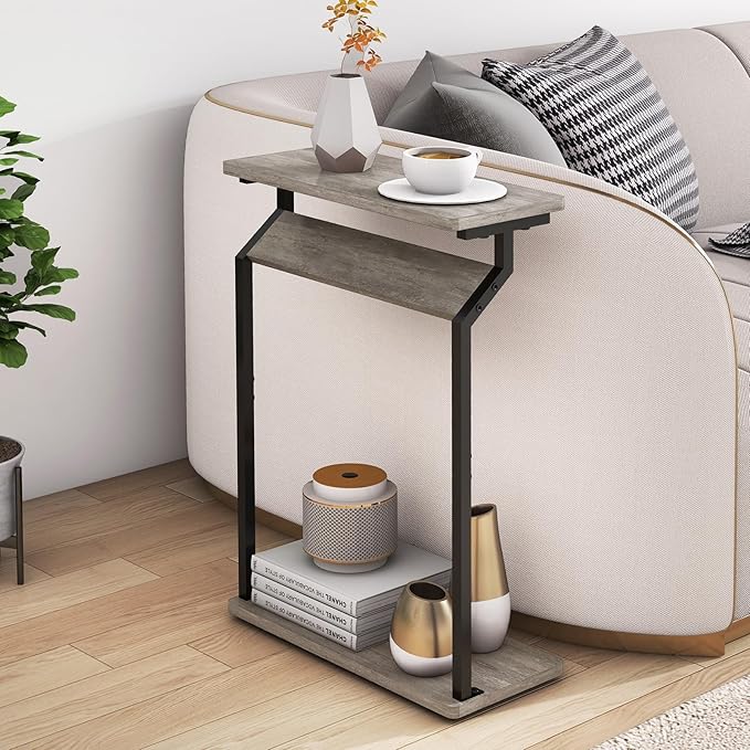 Narrow Side Table for Small Spaces, Slim Couch Tray Table, Skinny Thin End Table for Living Room, Bedroom, Grey