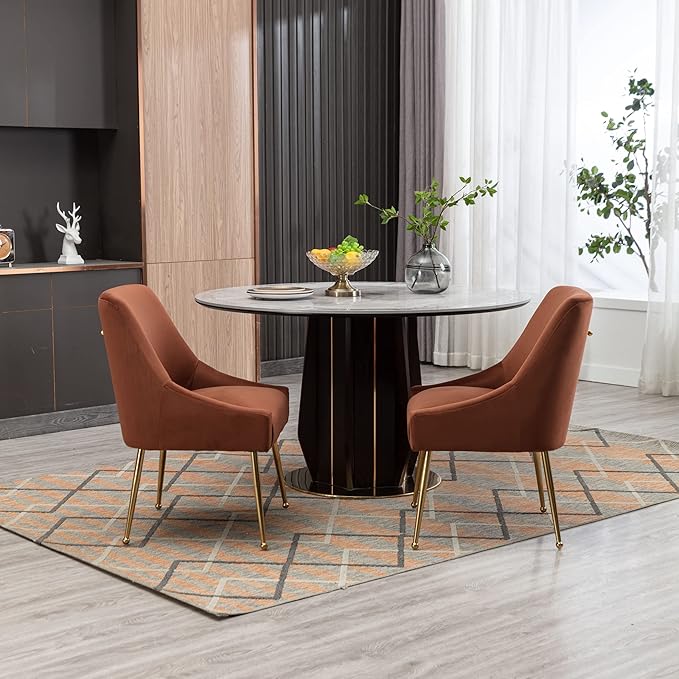 Velvet Dining Chairs Set of 2, Furniture Collection Modern Contemporary Upholstered with Polished Gold Metal Legs(Brown, Set of 2)