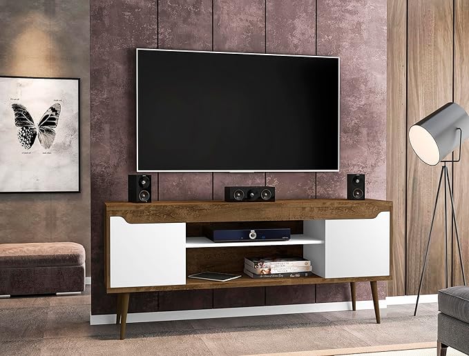 Manhattan Comfort Bradley Mid Century Modern TV Stand for Televisions up to 60 Inches, Living Room Entertainment Center with Storage, Media Shelves and Soft Close Doors, Rustic Brown/White