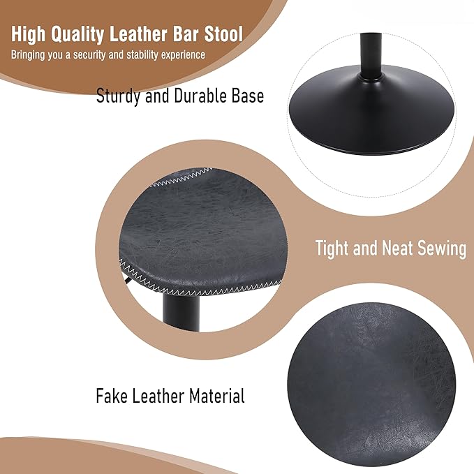 Bar Stools, Swivel Counter Height Barstools with Back, Adjustable Modern Bar Chairs, Tall Armless PU Leather Kitchen Island Stool (Black 02, Set of 4)