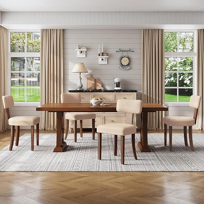 Farmhouse Chair Set of 4, Mid Century Modern Dining Chairs, Sherpa Upholstered Kitchen Chairs with Curved Backrest & Adjustable Legs for Living Room/Bedroom, Easy to Install, Beige Linen