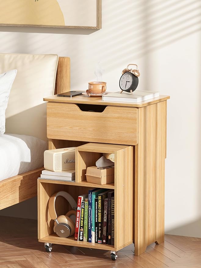 End Table Small Night Stand for Small Spaces Narrow Side Tables Bedside Table with Drawer Rolling Open Storage Shelf Accent Vintage Farmhouse Nightstand with Wheels for Living Room Bedroom Balcony