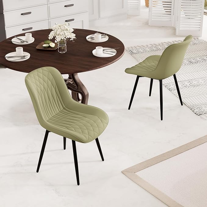 YOUNIKE Dining Chairs Set of 2 with High Back Mid Century Modern Kitchen Dining Room Chairs Faux Leather Upholstered Comfortable Wide Seat Padded Accent Side Chair for Living Room Avocado Green