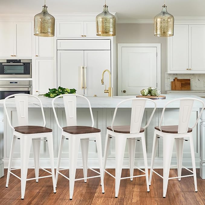 Yongqiang 26 inch Metal Bar Stools Set of 4 Farmhouse Kitchen Island Counter Height Bar Chairs High Back Barstools with Large Wooden Seat Cream White