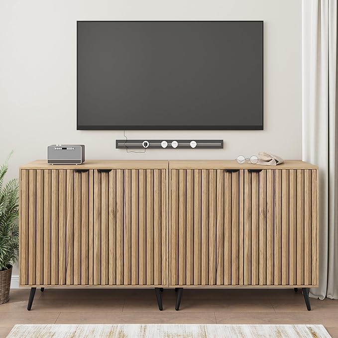 Smuxee Fluted Sideboard Cabinet, Freestanding Natural Buffet Cabinet with Adjustable Shelf, Wood Storage Cabinet for Living Room, Entryway, Hallway