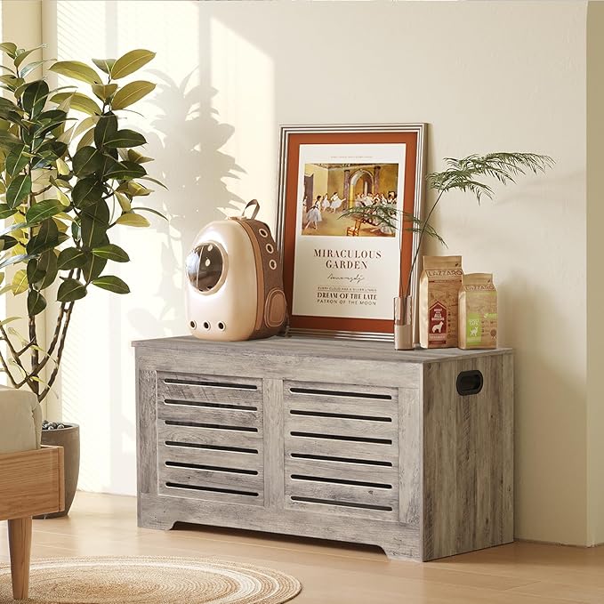 DINZI LVJ Storage Chest, Flip-Top Wooden Toy Box with 2 Safety Hinges, Retro Entryway Shoe Storage Bench, Sturdy Large Storage Trunk for Living Room, Bedroom, Easy Assembly, Greige