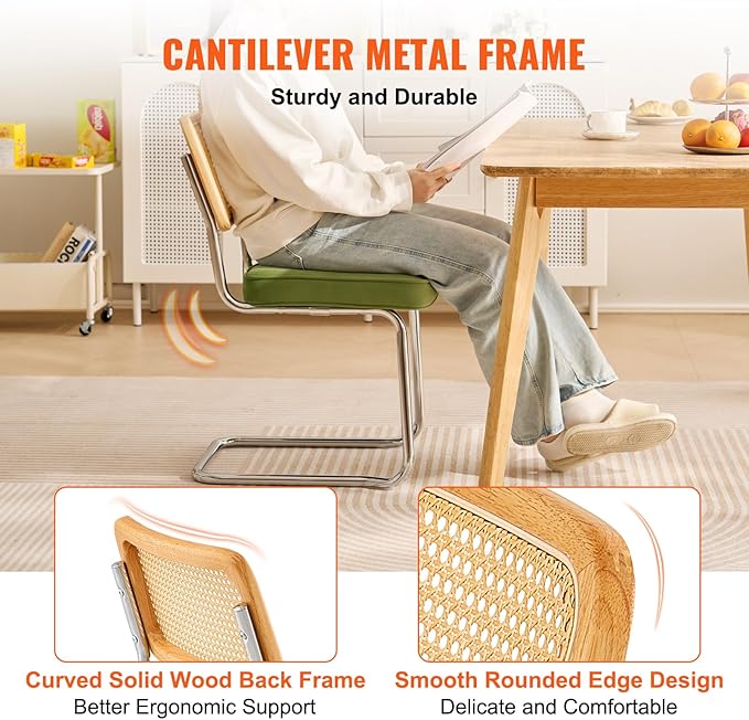 VEVOR Rattan Dining Chairs Set of 4, Mid Century Modern Dining Chair, Upholstered Velvet Accent Chair with Rattan Back, Retro Dining Room Kitchen Chair for Living Room, Bedroom (18.1 Inch)