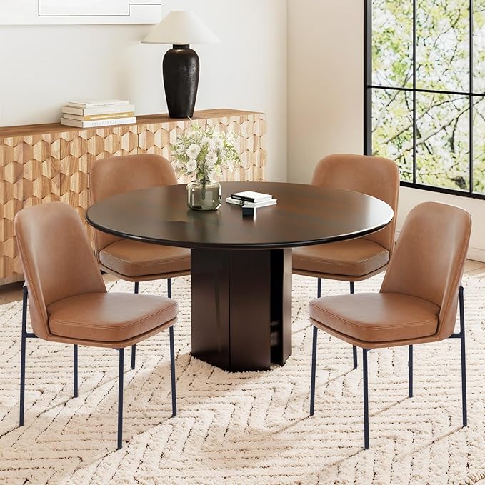 COLAMY Modern Dining Chairs Set of 4, Faux Leather Upholstered Dining Room Chairs Kitchen Chairs Dinner Chair with Curved Back and Metal Legs, Brown