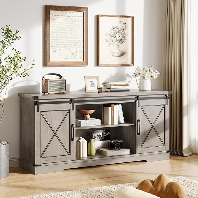 Farmhouse 59" TV Stand Up to 65 Inches, Mid Century Modern TV Entertainment Center with Storage Cabinets & Open Shelves, Wood TV Cabinet for Living Room, Grey