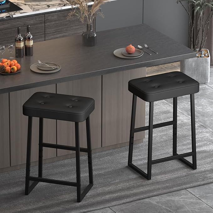Bar Stool, Kitchen Island Chairs,Counter Height Bar Stools, Modern Synthetic Leather with Stitching, 26 inches high, for Kitchen/Family Restaurant/Dining Room/Farmhouse, Black