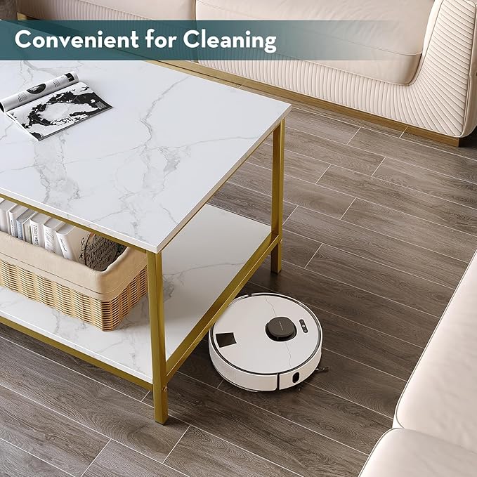 SAYGOER Modern 2-Tier Coffee Table for Living Room White Gold Coffee Tables Industrial Rectangle Wood Table for Large or Small Spaces Home Office Apartment, White Gold