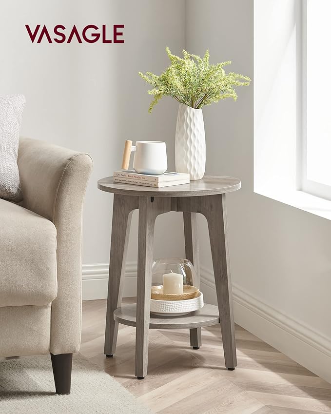 VASAGLE Side Table, Small Round End Table with Lower Shelf, Nightstand for Small Spaces, Living Room, Bedroom, Greige ULET283T02