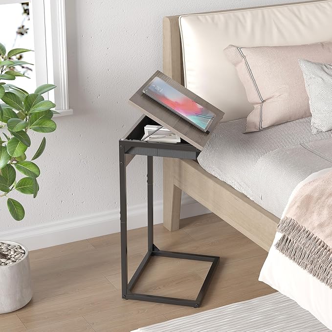 C Shaped End Tables with Charging Station, 45° Tiltable Adjustable Flip Top Side Table with Storage,Small C Table for Small Spaces,Slide Under Couch Sofa Bedside Tables for Living Room, Grey