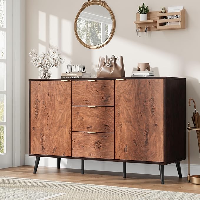 GarveeHome Buffet Cabinet with Drawers, 51.2'' Large Sideboard Buffet Credenza Storage Cabinet with Shelves and Doors, Coffee Station Cabinet with Metal Handle, Robot Vacuum Friendly (Walnut)