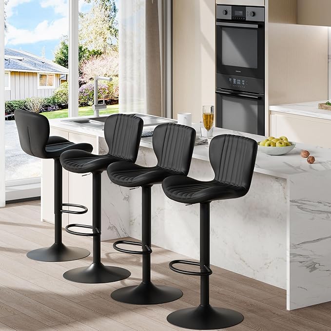 Shintenchi Bar Stools Set of 4 Modern Swivel Bar Chairs, Counter Height Faux Leather Metal Barstools, Upholstered Island Chairs with Back and Footrest, Black