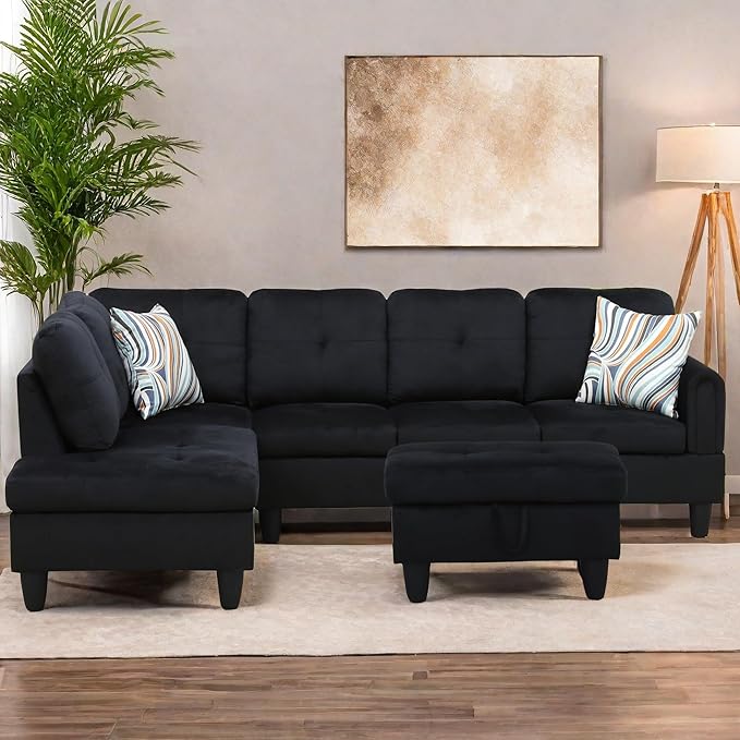L Shaped Sectional Couches for Living Room, Modern Modular Sectional Sofa with Ottoman Storage, Comfy L Shaped Couch with Chaise for Bedroom Apartment Furniture, Black