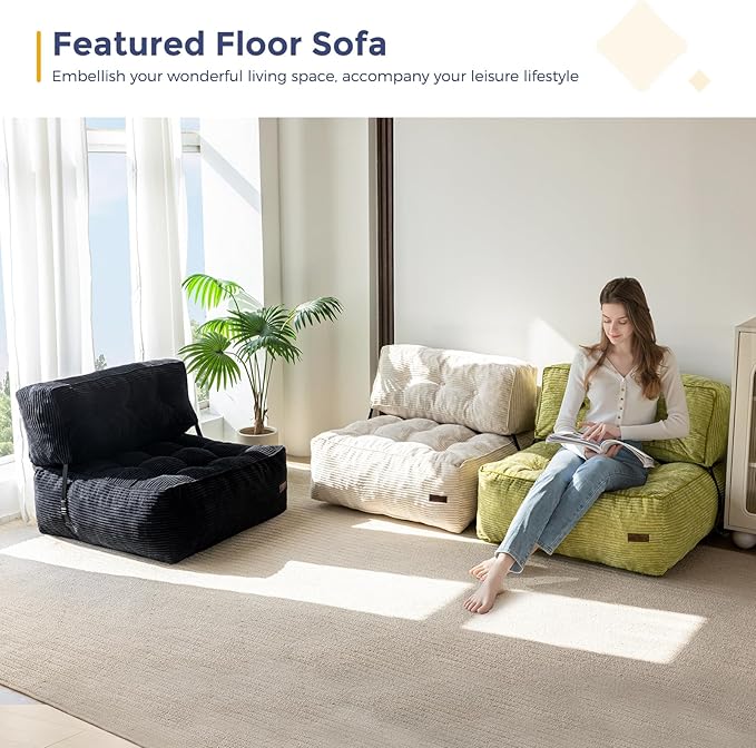MAXYOYO Floor Sofa Bean Bag Sofa Couch, Comfy Floor Couch with Back Support, Portable Bean Bag with Filling, Corded Chair Seating for Living Room Bedroom Apartment, Black