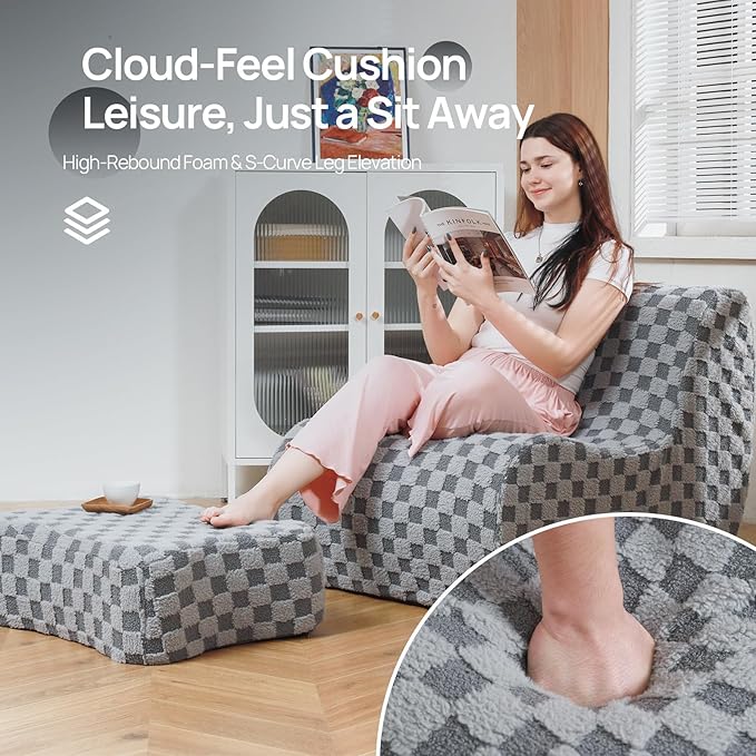 Giant Bean Bag Chair for Adults with Ottoman, Teddy Fabric Beanbag Chair with Memory Foam Filled,Plush Lazy Floor Sofa with Footstool Couch for Living Room,Bedroom,Dorm, Apartment, Grey