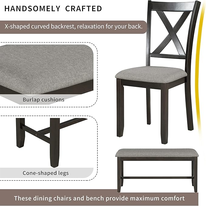 SogesPower 6-Piece Kitchen Dining Table Set for 4-6,Rectangular Dining Table with 4 Fabric Chairs & 1 Bench for Dining Room Living Room,Espresso