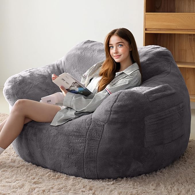 Large Bean Bag Chairs for Adults - Oversized Memory Foam Filled Bean Bag Sofa | Fluffy Adult Bean Bag Chair, Big Bean Bag Chairs for Living Room, Bedroom & Dorm - Dark Gray