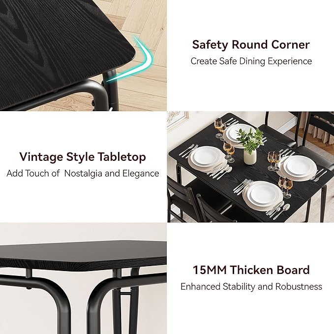 Dining Table for 4, Small Table and Chairs Set of 4, Square Dinette Set for 4, 5 Piece Kitchen & Dining Room Sets for Small Space (Black, Table with 4 Upholstered Chairs)