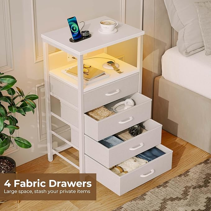 Seventable Night Stand with Charging Station, Tall Nightstand with 4 Fabric Storage Drawers, Side Table with LED Light for Bedroom, Entryway, White, Set of 2