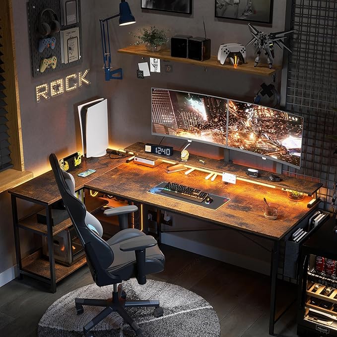 ODK 66 Inch Gaming Desk with USB Charging Ports and LED Lights, Reversible L Shaped Computer Desk with Storage Shelves & Monitor Stand, Home Office Desk Table with Power Outlets, Vintage