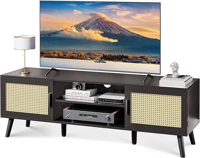 SUPERJARE TV Stand for 65 Inch TV, Entertainment Center with Adjustable Shelf, Rattan TV Console with 2 Cabinets, Media Console, Solid Wood Feet, 4 Cord Holes, for Living Room, Black-8750B