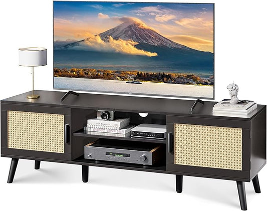 SUPERJARE TV Stand for 65 Inch TV, Entertainment Center with Adjustable Shelf, Rattan TV Console with 2 Cabinets, Media Console, Solid Wood Feet, 4 Cord Holes, for Living Room, Black-8750B