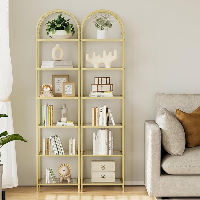 Homhedy Bookshelf Arched Display Racks,Metal Bookcase,Tempered Glass Shelves,Storage Rack Shelf for Home Office,Living Room,Bedroom, Bathroom,Modern Style (Golden, 11.8" D x 13.8" W x 68.1" H)