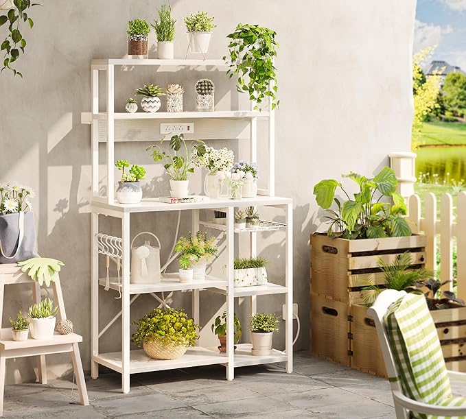SUPERJARE Bakers Rack with Power Outlet, 35.4 Inches Coffee Bar with Wire Basket, Kitchen Microwave Stand with 6 S-Shaped Hooks, Open Storage Shelves, White